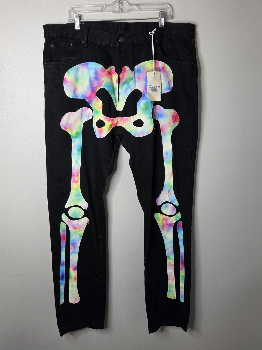 MNML Black Men’s Jeans with Multicolor Tie-Dye Skeleton Print